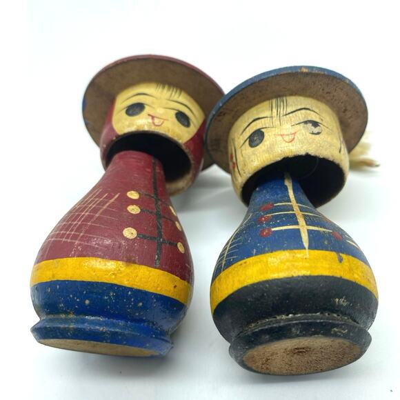 PairVintage 50s Mid‎ Century MCM WOODEN KOKESHI BOBBLEHEAD Dolls Figurine JAPAN - Picture 4 of 6